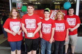  l-r Brittany Bertrim, Andrew Green, Drew Bertrim and Josh Keefe, assisted staff member Shelley Bertrim with the two-day Returns For Leukemia bottle drive that took place May 24 and 25 at the Beer Store